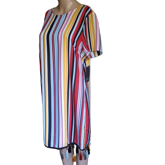 Aidan Mattox Womens Multicolored Stripes Shift Dress Tasseled Scoop Neck Size 14 - Picture 4 of 10